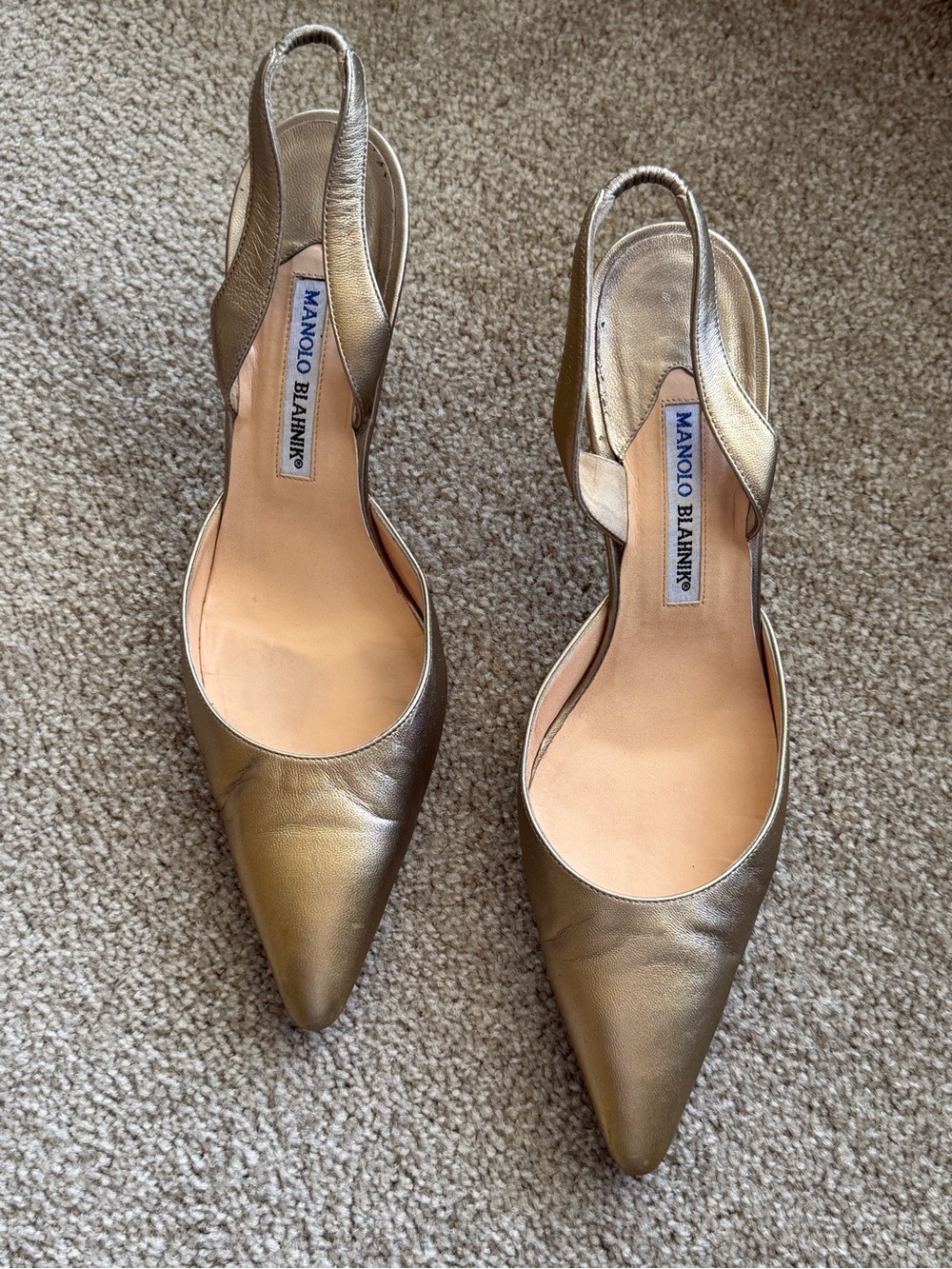 MANOLO BLAHNIK Elegant Gold Metallic Pointed-Toe Slingback Heels Size US 10